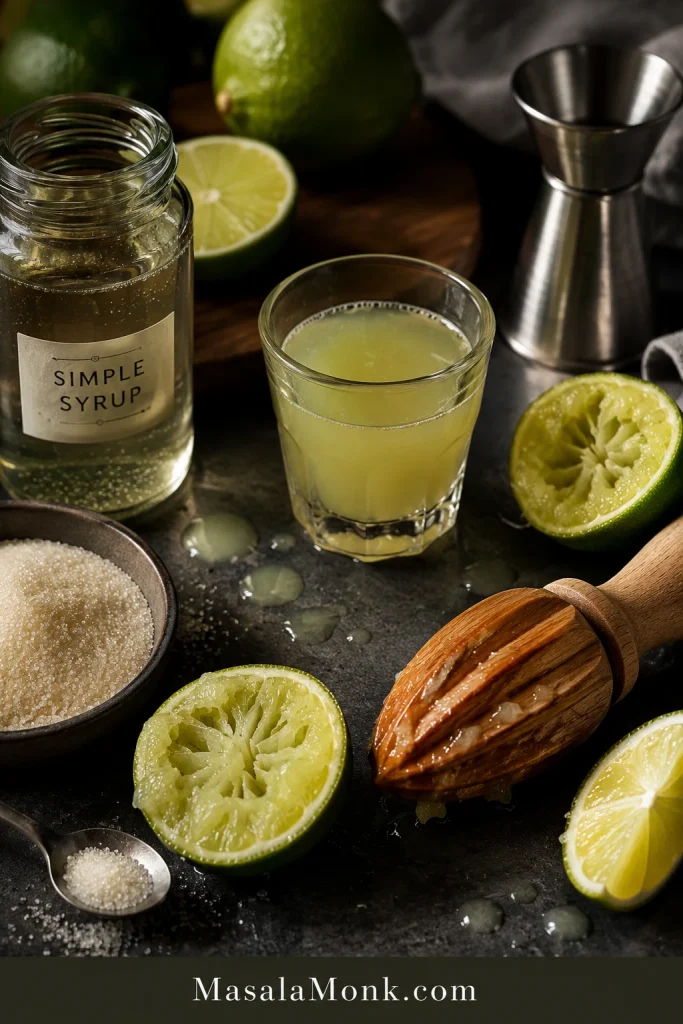Cut limes, lime juice, simple syrup, sugar, spoon, citrus reamer, and jigger for a fresh-lime Gimlet.