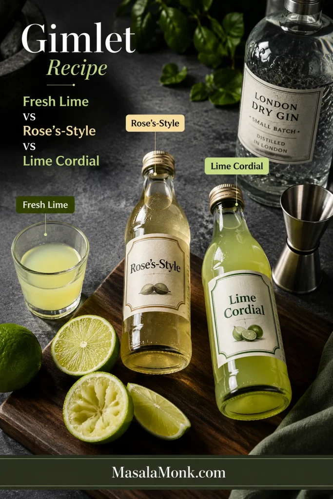 Fresh lime juice, Rose’s-style sweetened lime, and lime cordial arranged as Gimlet options with gin, jigger, and cocktail glass.