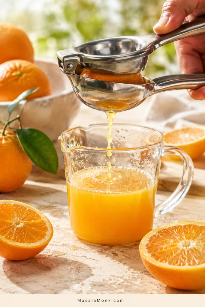 Fresh orange being squeezed in a metal citrus press, with juice dripping into a clear measuring cup and orange halves on a bright countertop.