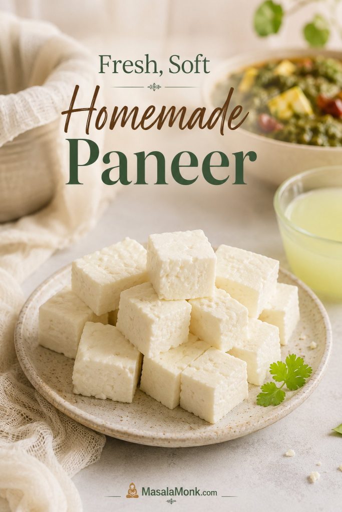 Fresh homemade paneer cubes on a ceramic plate with muslin, pale whey, and a blurred curry or greens in the background.