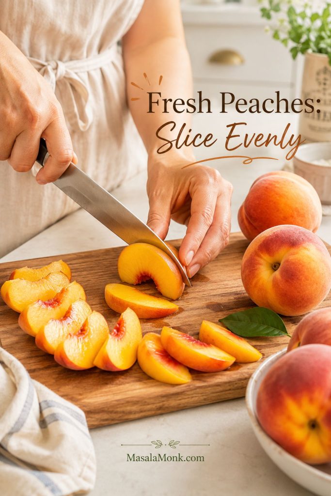 Hands slicing ripe fresh peaches into even wedges on a cutting board for peach cobbler.