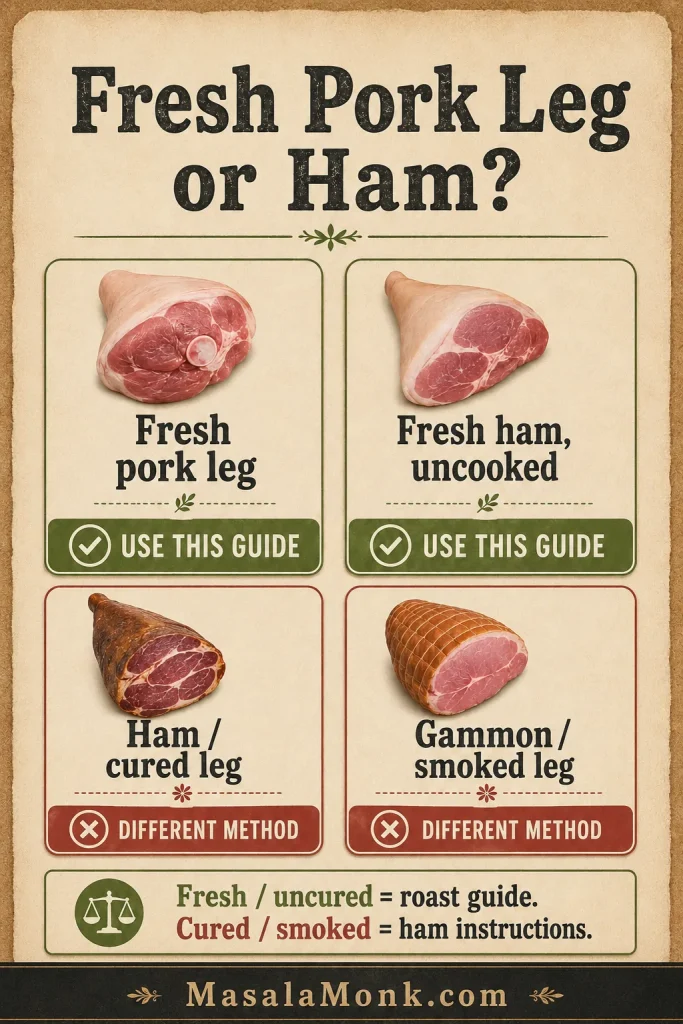 Comparison chart showing fresh pork leg, uncooked fresh ham, cured ham or leg, and gammon or smoked leg labels.