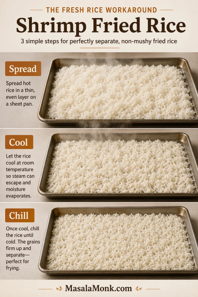 Three-step guide showing fresh rice spread on a sheet pan, cooled, and chilled before being used for fried rice.