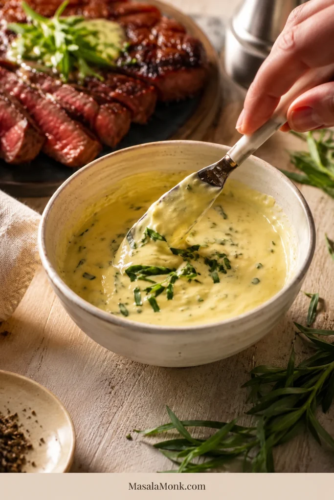 Fresh chopped tarragon being folded into pale yellow béarnaise sauce in a small bowl.