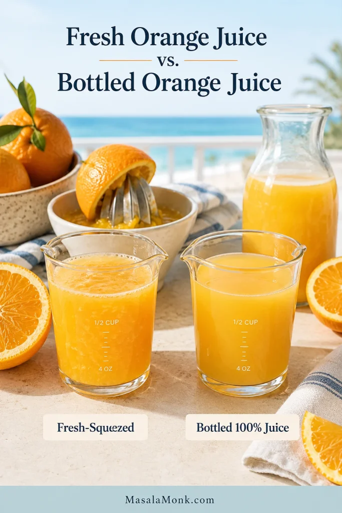 Fresh-squeezed orange juice and bottled 100% orange juice compared in measuring glasses with oranges, a citrus press, and a juice bottle nearby.