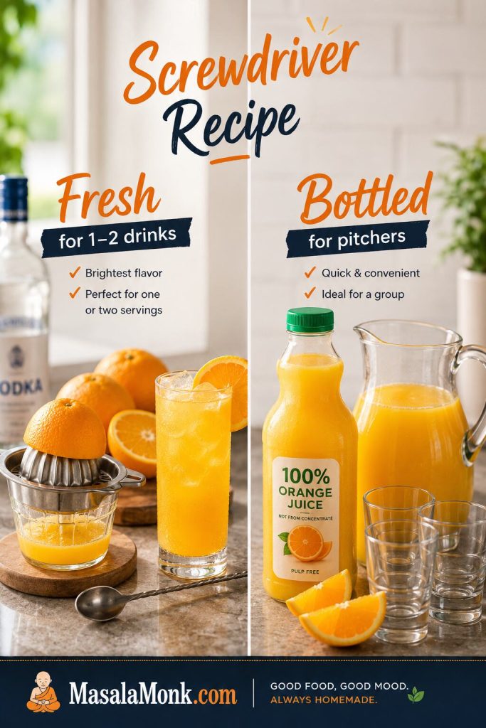 Fresh oranges with a juicer compared with bottled orange juice and a pitcher setup for making Screwdriver cocktails.