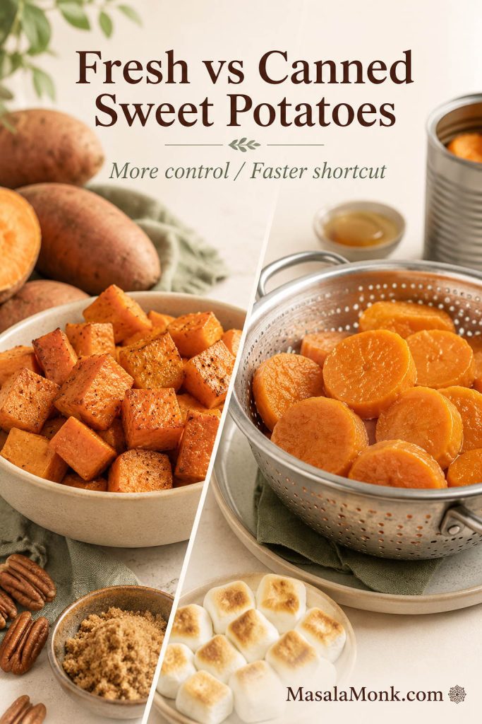 Fresh sweet potatoes compared with drained canned yams for making sweet potato casserole, with a note that fresh gives more control and canned is faster