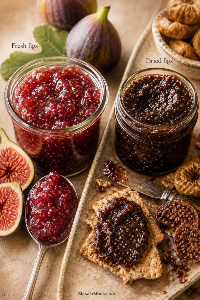 Fresh fig jam compared with darker dried fig jam, with fresh figs on one side and dried figs on the other.