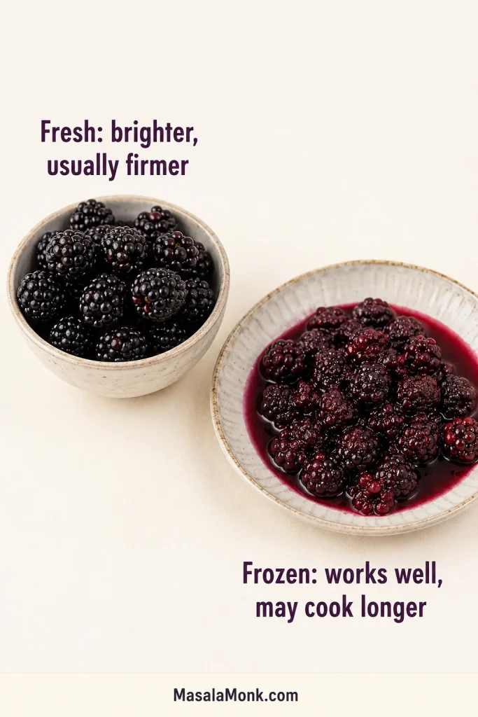 Fresh blackberries compared with thawed frozen blackberries that have released juice, with labels about fresh berries being brighter and frozen berries cooking longer.