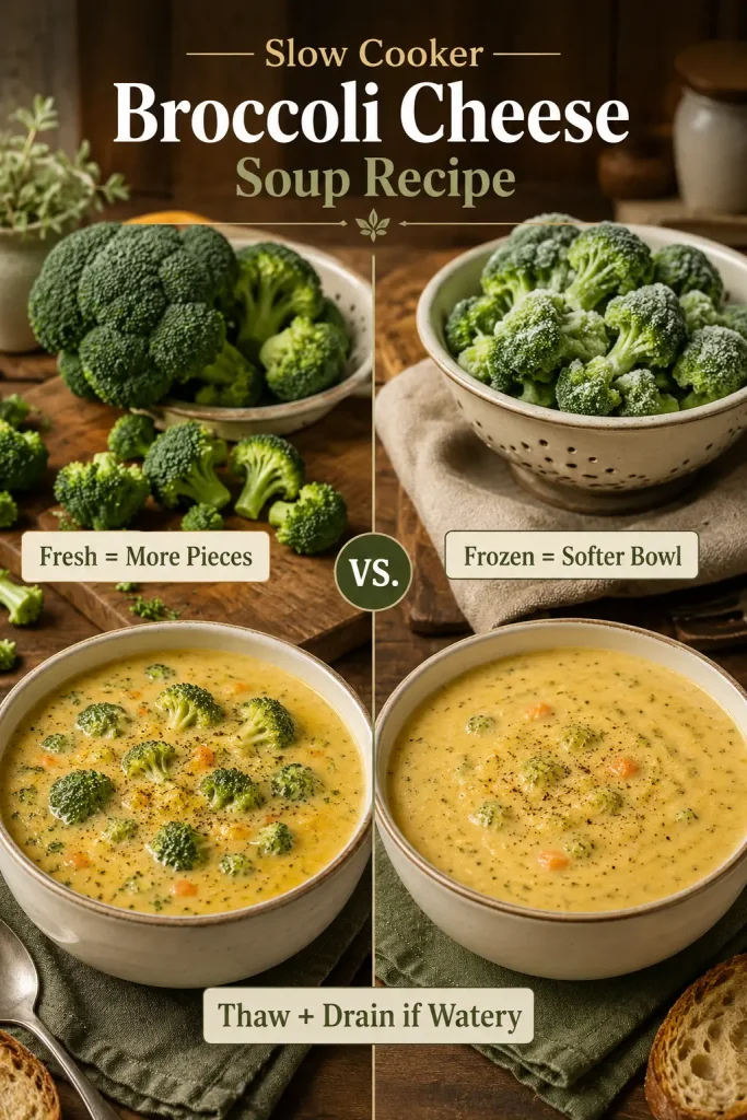 Fresh broccoli and frozen broccoli compared with two bowls of broccoli cheese soup showing chunkier and smoother textures.
