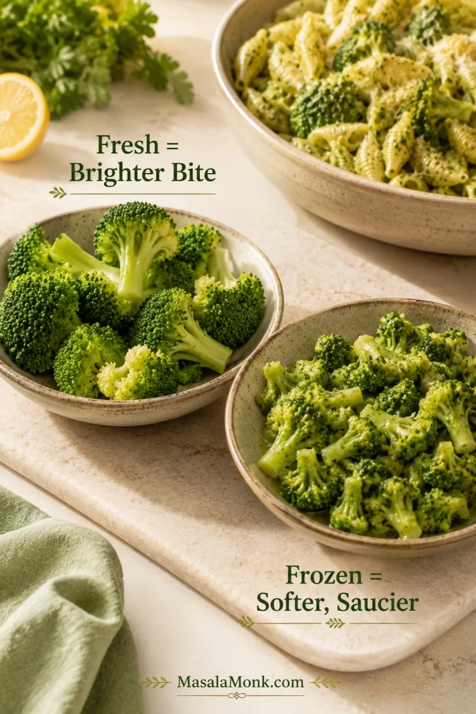 Fresh broccoli florets in one bowl, softer cooked broccoli in another bowl, and broccoli pasta in the background, with text reading “Fresh = Brighter Bite” and “Frozen = Softer, Saucier.”