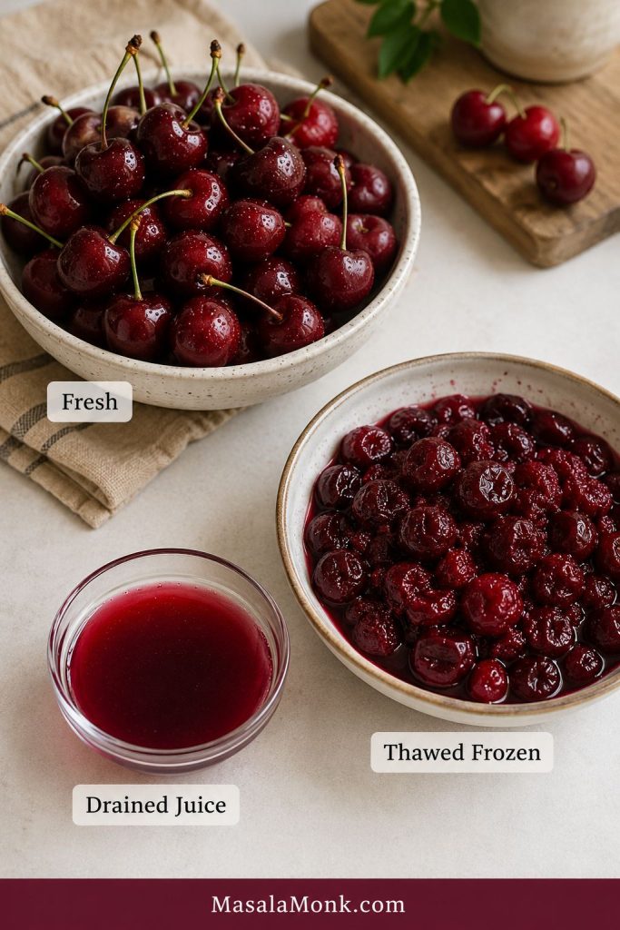 Fresh cherries, thawed frozen cherries, and a small bowl of drained red cherry juice arranged with labels.