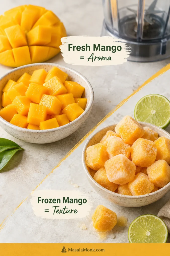 Fresh mango cubes and a scored mango cheek shown beside frosty frozen mango chunks with lime and a blender jar in the background.