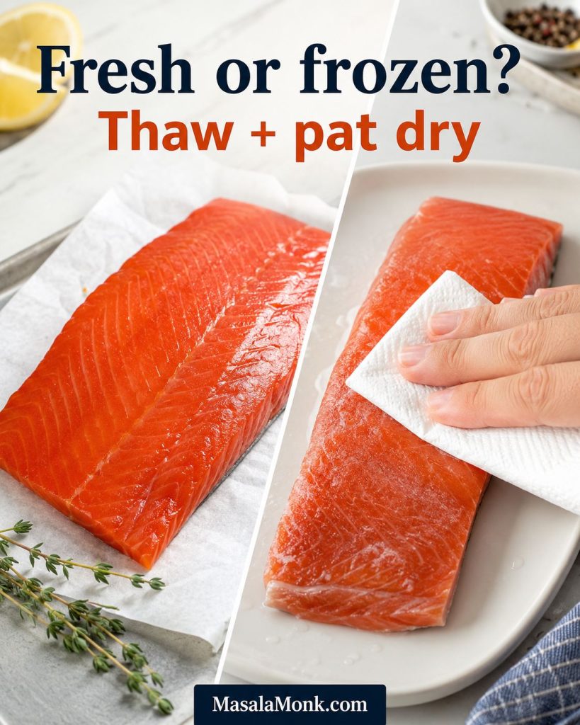 Fresh sockeye salmon and thawed frozen sockeye salmon compared, with one fillet being patted dry.