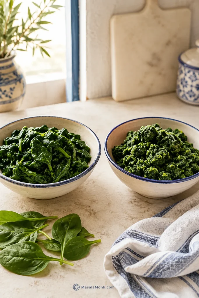 Two bowls showing wilted fresh spinach and thawed frozen spinach side by side, with a kitchen towel nearby.