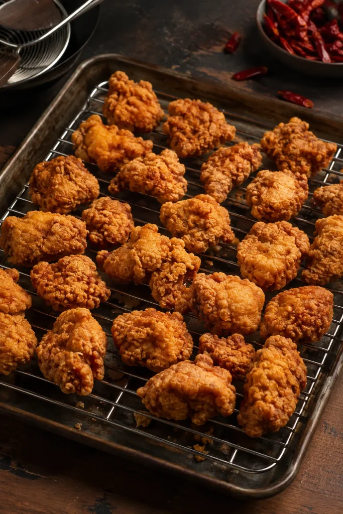 Golden fried chicken pieces resting on a wire rack over a sheet pan with crumbs and dried red chilies nearby.