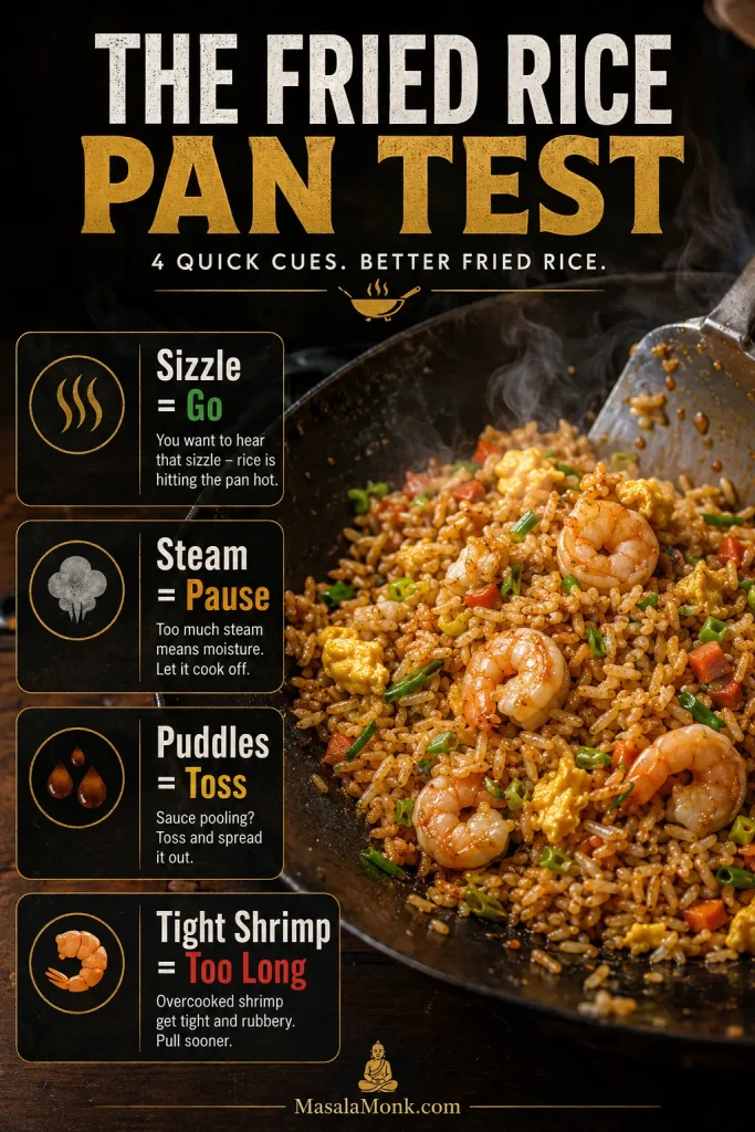 Fried rice pan test infographic showing four cues: sizzle means go, steam means pause, puddles mean toss, and tight shrimp means too long.