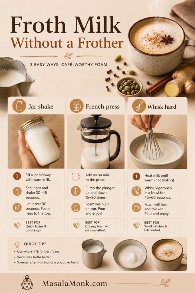 Froth Milk Without a Frother guide showing jar shaking, French press pumping, whisking warm milk, a milk pitcher, and a finished chai latte.