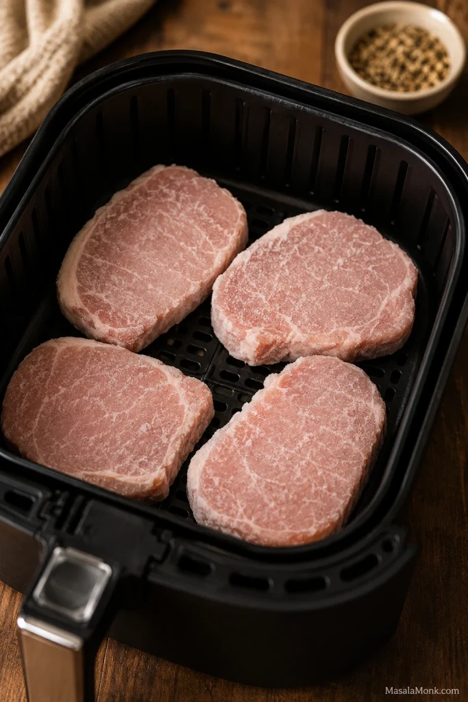 Frozen boneless pork chops arranged in one layer in an air fryer basket.