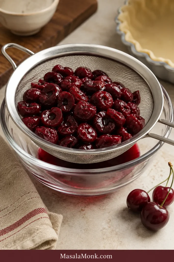 Thawed frozen cherries draining in a metal strainer over a glass bowl with red cherry liquid collected underneath.