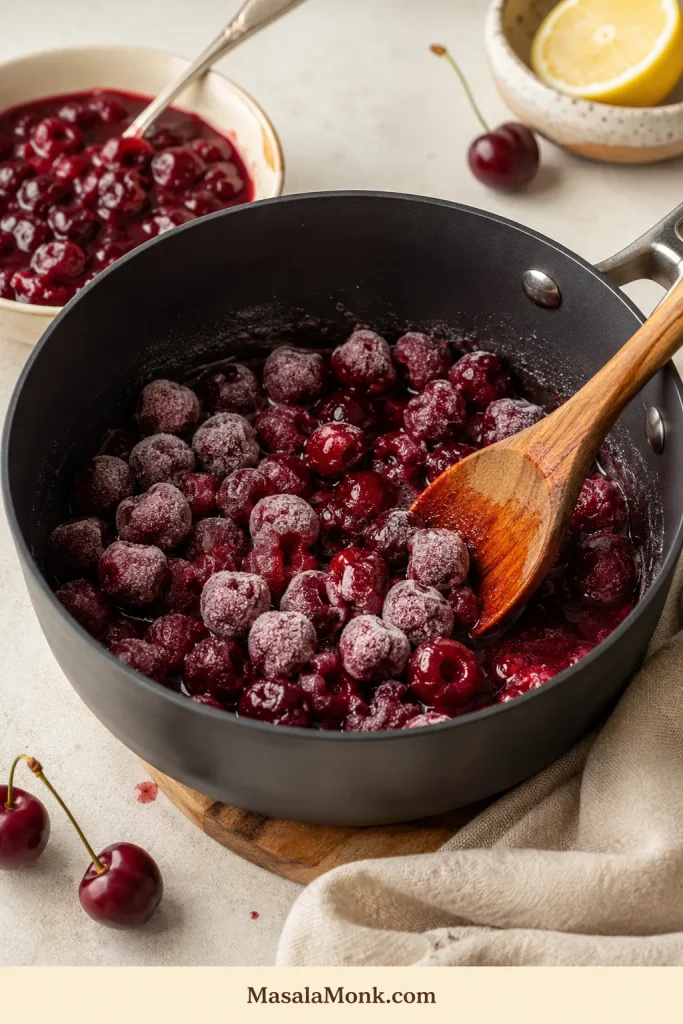 Frozen cherries with frost thawing in a saucepan and releasing red juice.