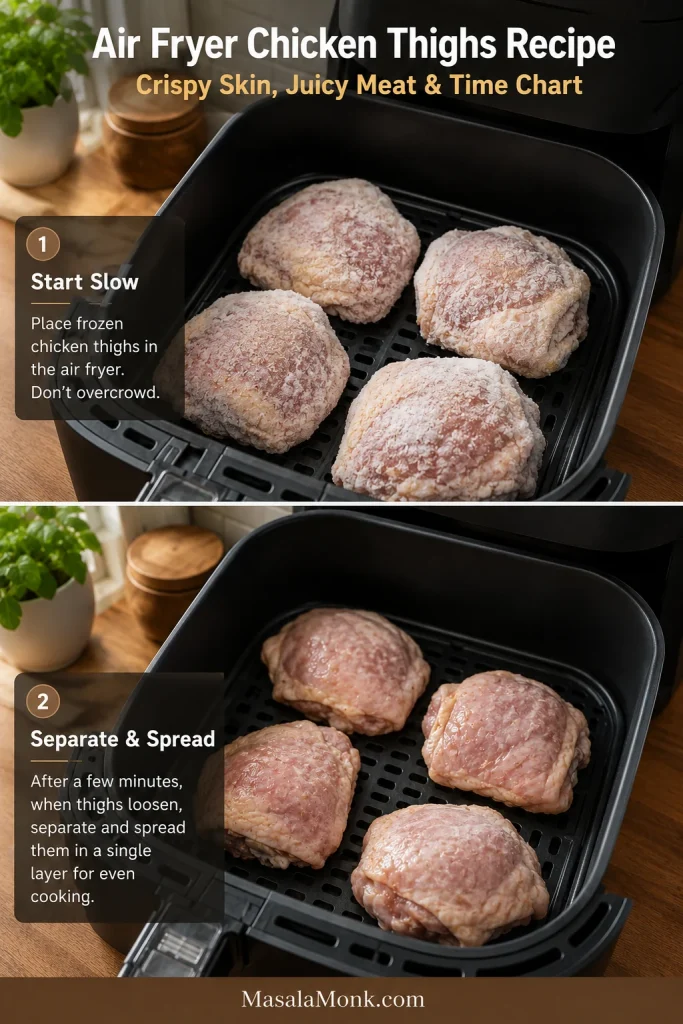 Frozen chicken thighs in an air fryer basket shown before and after separating into a single layer.