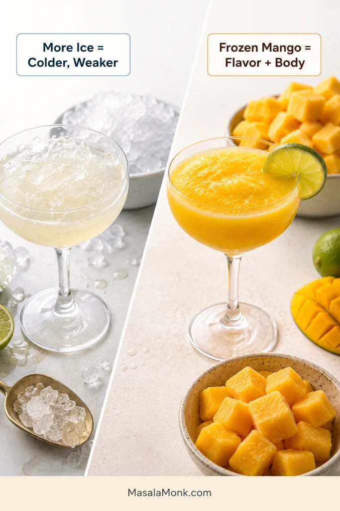 Comparison guide with a pale icy drink beside a thicker golden mango drink, showing how ice and frozen mango affect texture.