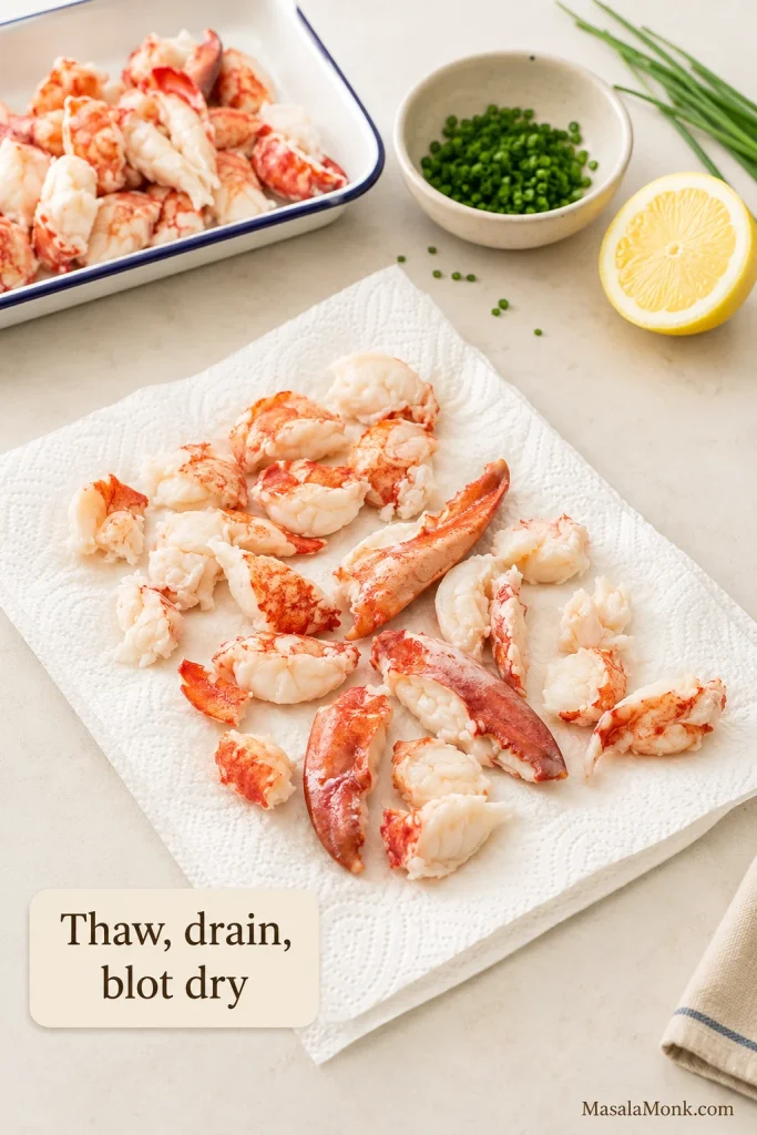 Thawed cooked lobster meat spread on white paper towels with chives, lemon, and a tray of lobster meat nearby.
