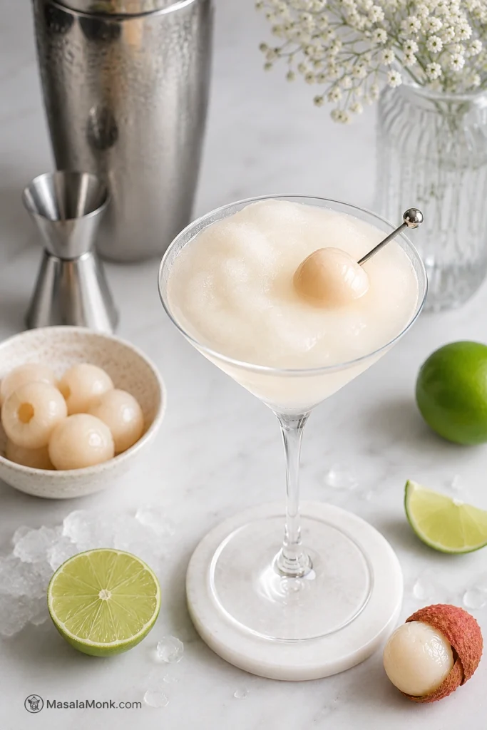 Frozen lychee martini with slushy texture in a chilled glass with lime and lychee nearby.