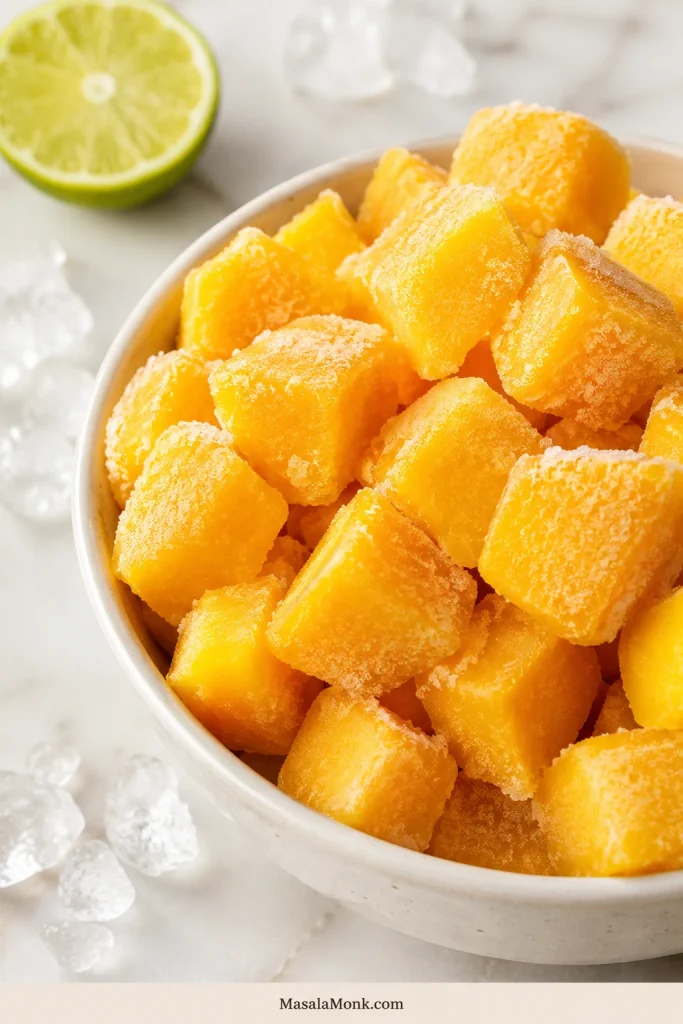 Frosty frozen mango chunks in a ceramic bowl with scattered ice pieces and a lime half on a light countertop.