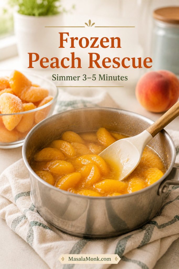 Thawed frozen peaches simmering in a saucepan until the juices look glossy and slightly thickened.