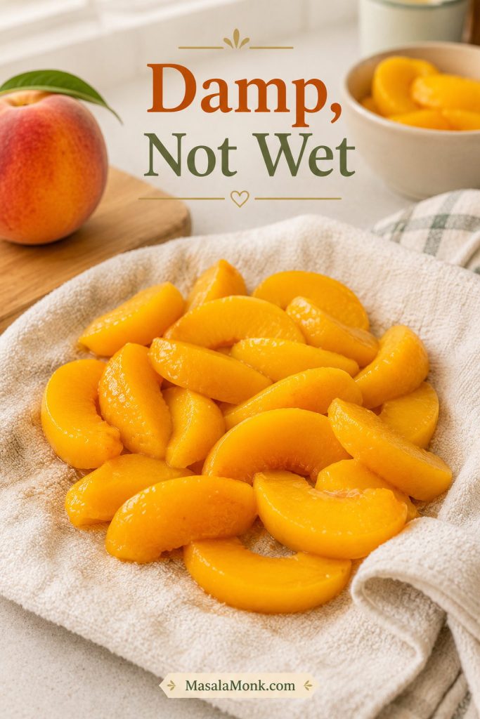 Thawed frozen peach slices on a towel after blotting, with no ice crystals or liquid puddles.