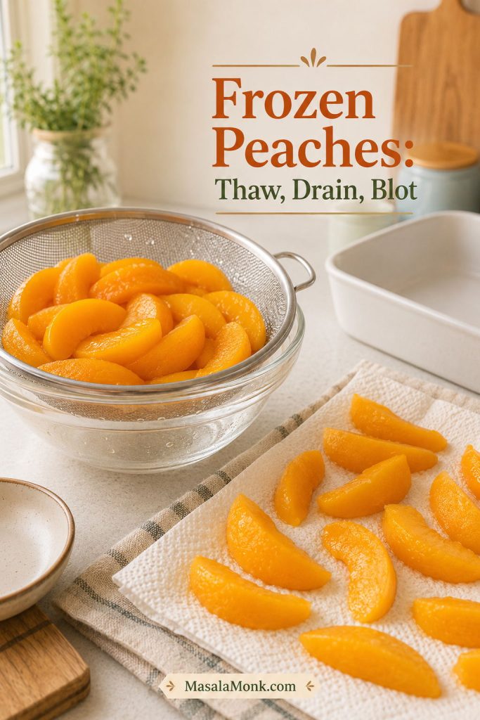 Thawed frozen peach slices draining in a sieve and resting on a towel before being used for peach cobbler.
