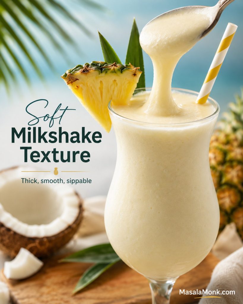 Finished frozen pina colada with thick, smooth, sippable texture shown close up with garnish and MasalaMonk.com footer.
