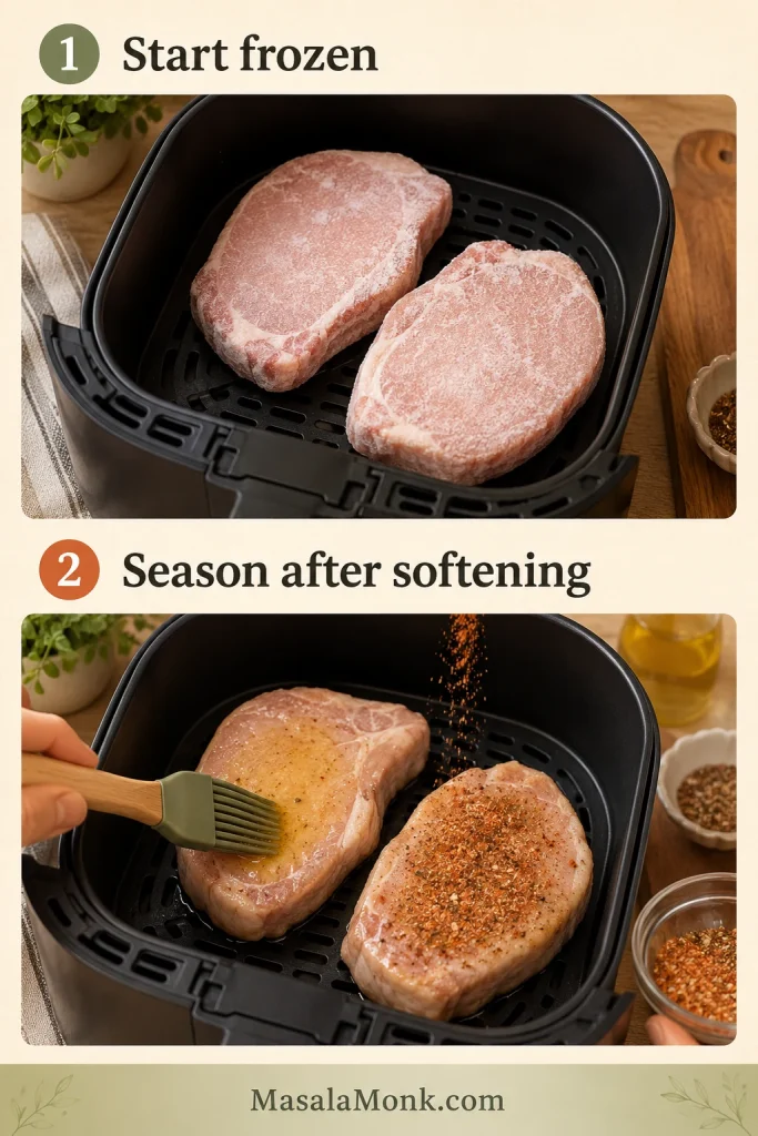 Two-step guide showing frozen pork chops in an air fryer basket before seasoning and then brushed with oil after softening.