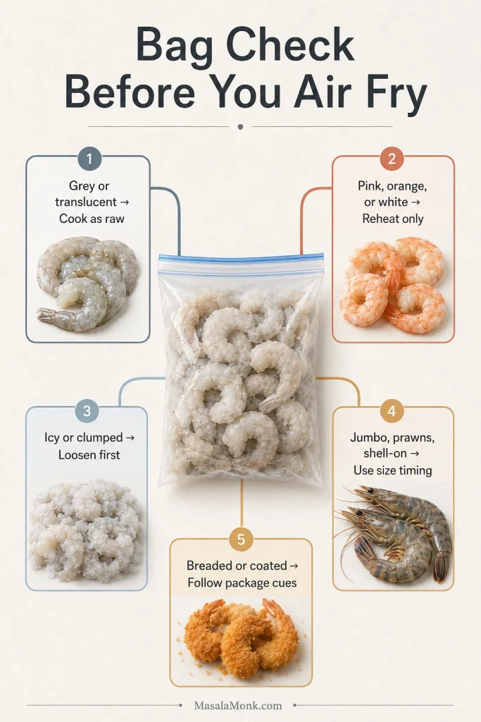 Bag check guide showing raw, cooked, icy, jumbo, shell-on, prawn, breaded, and coated frozen shrimp categories for air fryer timing.