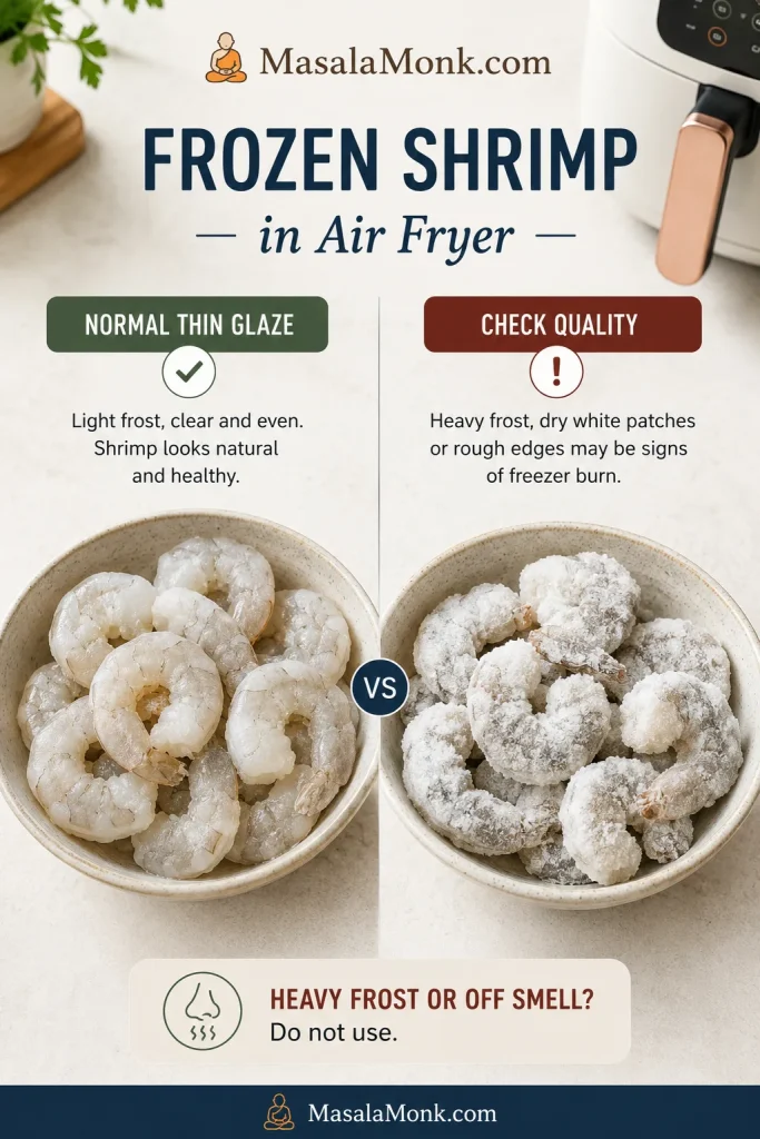 Comparison of frozen shrimp with a normal thin ice glaze beside shrimp with heavy frost, dry white patches, and freezer burn signs.