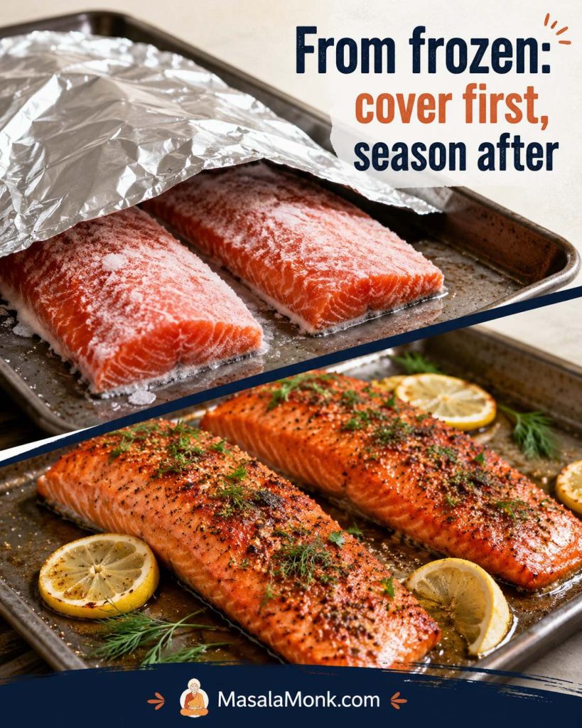 Two-step frozen sockeye salmon method showing frozen fillets covered with foil and finished uncovered with lemon and herbs.