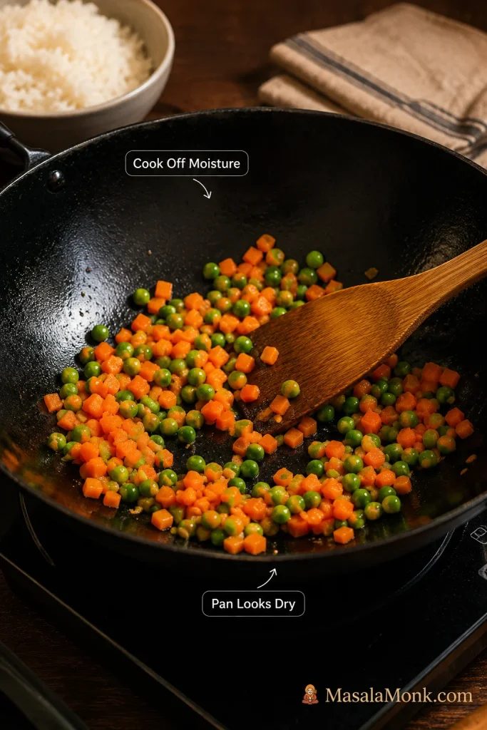 Peas and diced carrots cooking in a black wok with a wooden spatula while a bowl of cooked rice waits nearby.