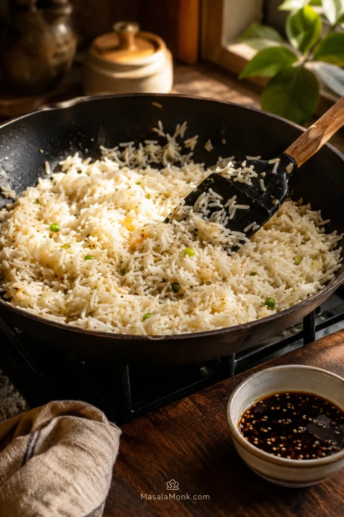 Cooked rice frying in a wok with a spatula while a small bowl of dark sauce waits beside the pan.