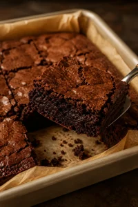 Brownie square lifted from a parchment-lined metal pan, with a crackly top and dense chocolate middle visible.
