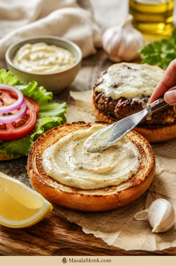 Garlic aioli being spread with a knife on a toasted burger bun with a burger patty, lettuce, tomato, onion, lemon, and garlic nearby.