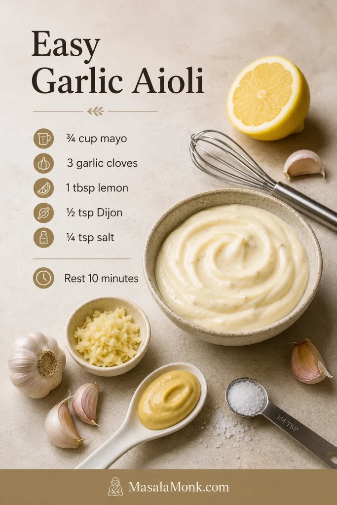 Recipe ratio card showing mayonnaise, grated garlic, lemon, Dijon mustard, salt, and a whisk on a light stone surface.