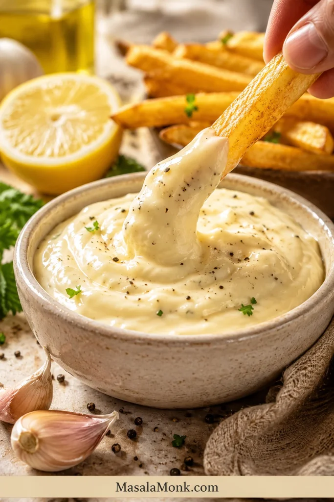 Hand dipping a golden French fry into thick creamy garlic aioli with lemon, garlic, pepper, and more fries in the background.