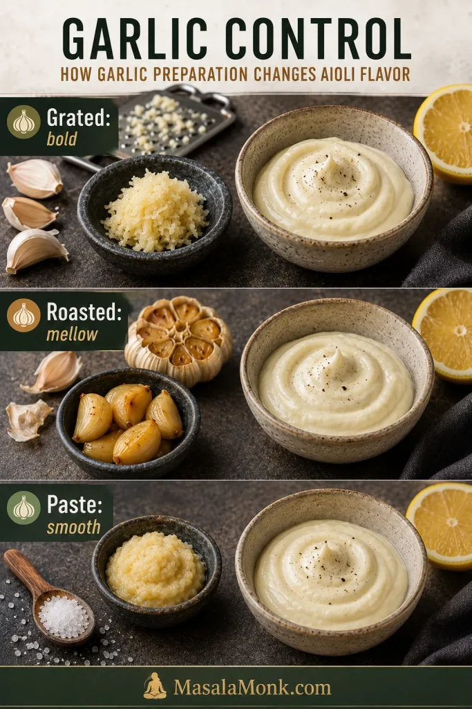 Garlic control comparison with grated garlic, roasted garlic, garlic paste with salt, and small bowls of aioli.