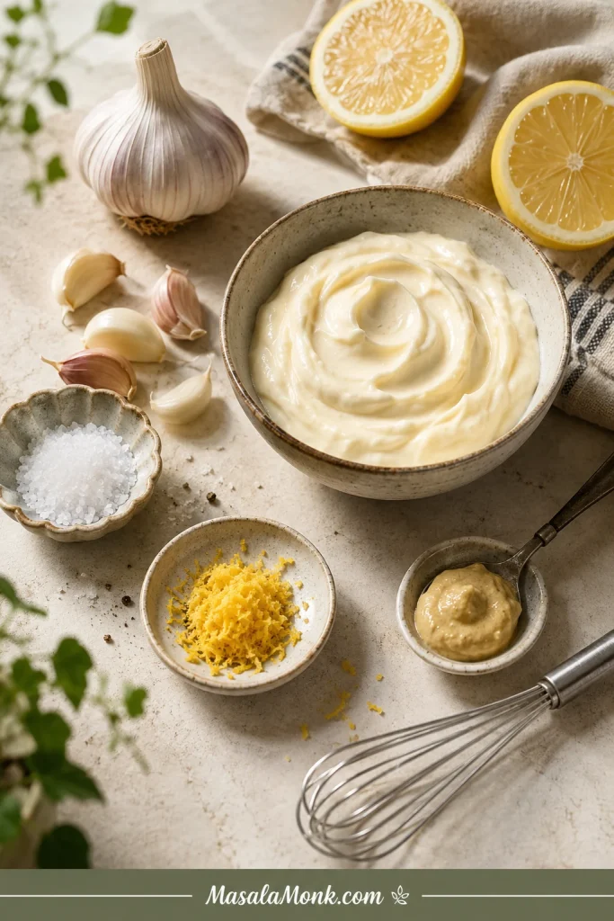 Ingredients for garlic aioli including mayonnaise, garlic cloves, lemon halves, Dijon mustard, salt, pepper, and a small whisk.