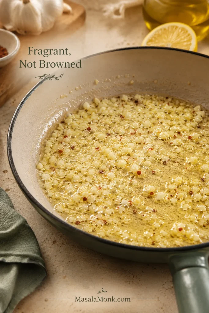Close-up of sliced garlic warming in olive oil and butter in a skillet, with text reading “Fragrant, Not Browned.”