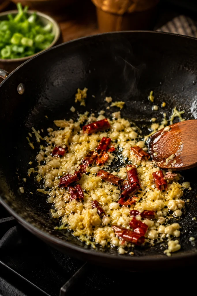 Minced garlic, grated ginger, and dried red chilies sizzling in oil in a black wok with a wooden spatula.