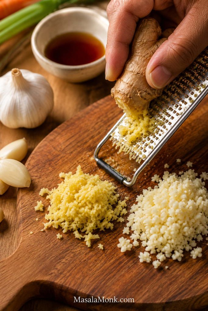 Close-up of fresh ginger being grated beside minced garlic on a wooden cutting board, with garlic cloves and a small bowl in the background.