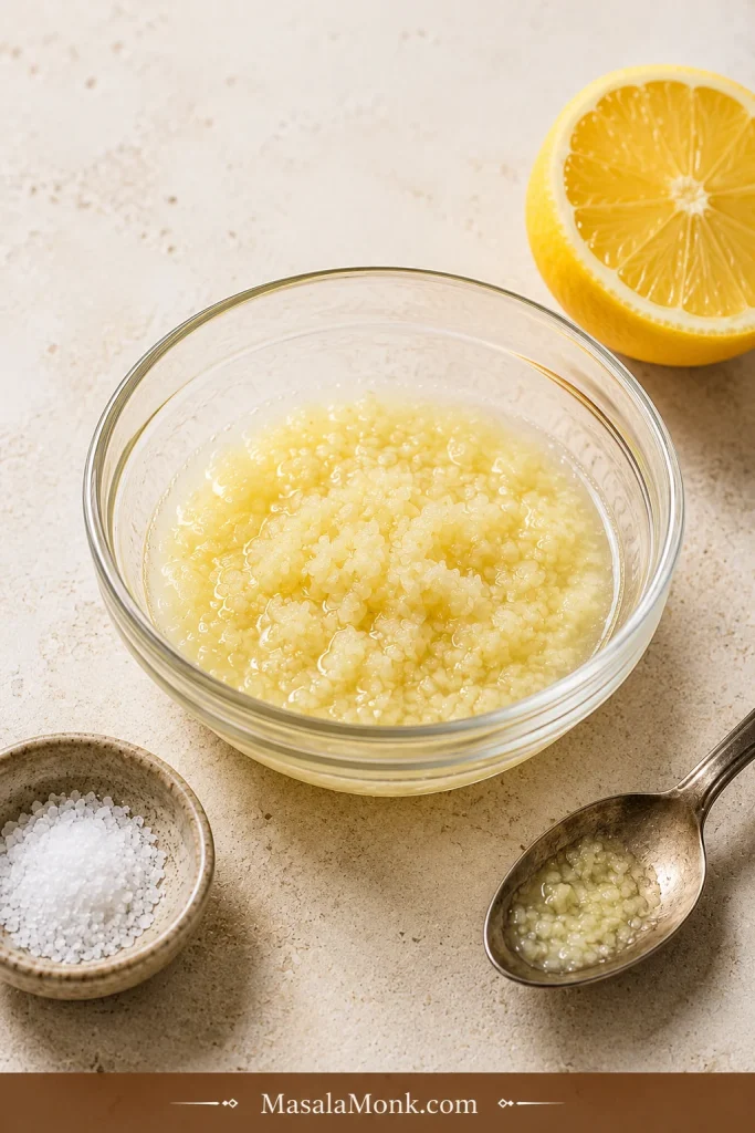 Grated garlic resting in lemon juice and salt in a small bowl with a lemon half, spoon, and salt dish nearby.